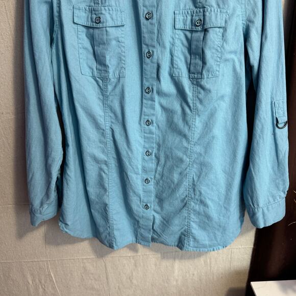 Coldwater Creek Shirt Size L 14 16 Blue Linen Blend Button Up Adjustable Sleeves - Picture 3 of 12